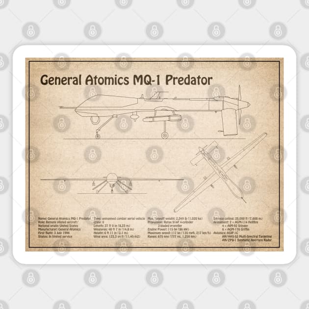 General Atomics MQ-1 Predator - Airplane Blueprint Plans - SD Magnet by SPJE Illustration Photography